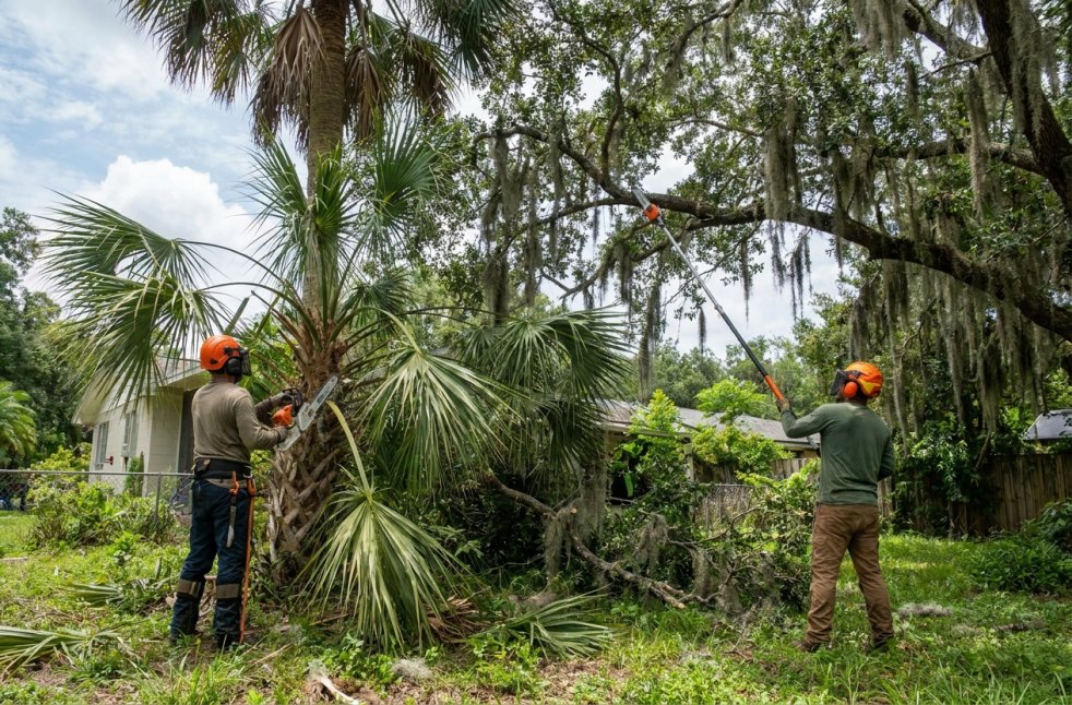 Tree crew trimming a palm and tree limbs with a chainsaw in a DeLand, Florida yard.