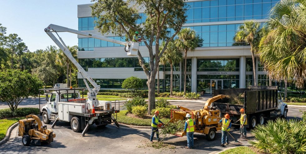 Tree service crew trimming and clearing trees outside a commercial office building in central Florida