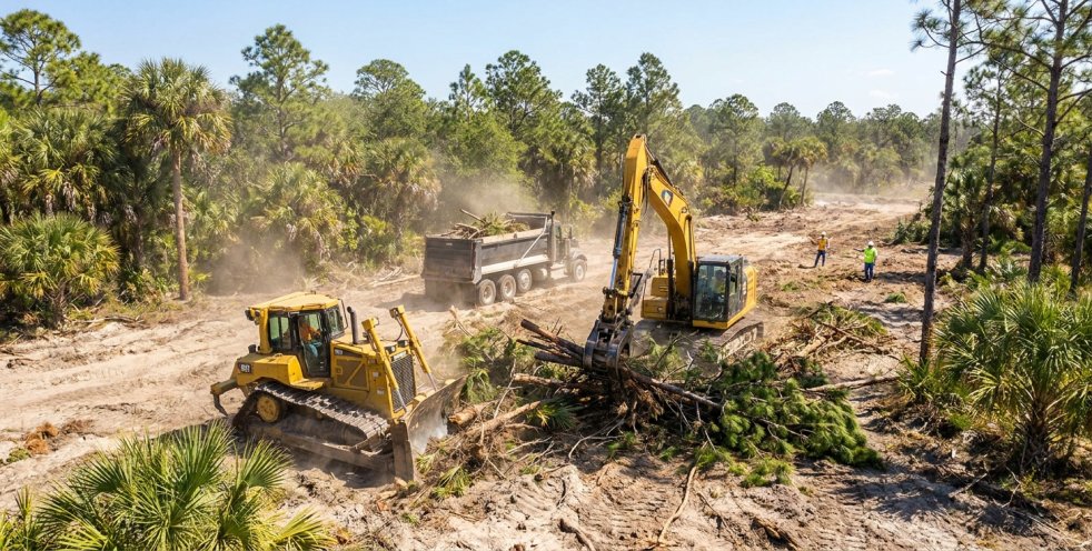 Bulldozer and excavator clearing trees and debris on a sandy Florida lot with dump truck nearby