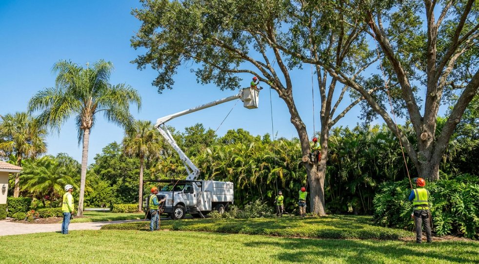 Tree crew trimming large oak trees with a bucket truck in a Florida yard