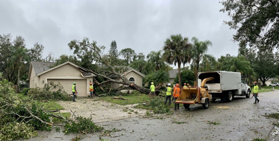Emergency tree removal crew clearing a fallen tree from a Central Florida house after a hurricane
