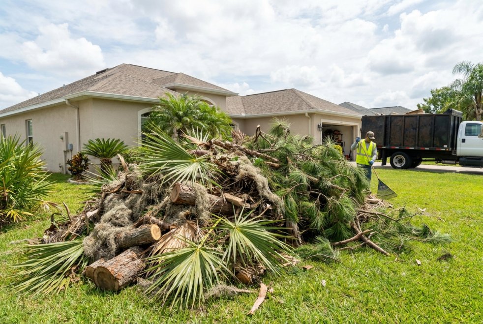 Pile of tree branches and palm debris in a Florida homeâs yard with a cleanup worker and dump truck
