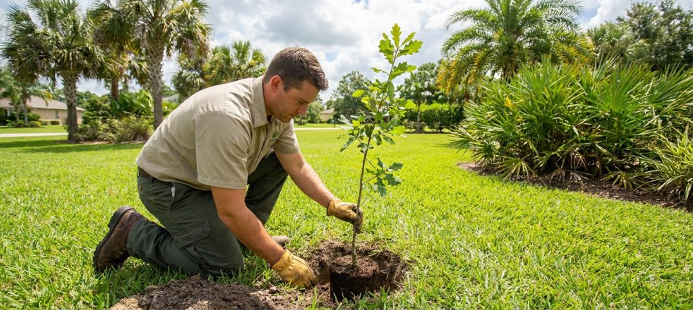 Arborist planting a young tree in a Florida yard