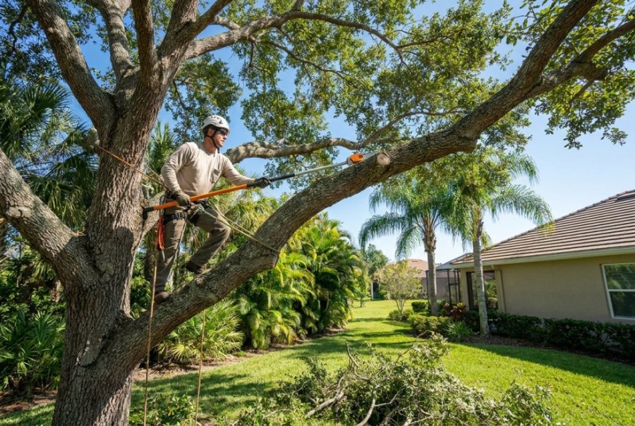 Arborist trimming a large tree branch in a suburban Florida yard near a house