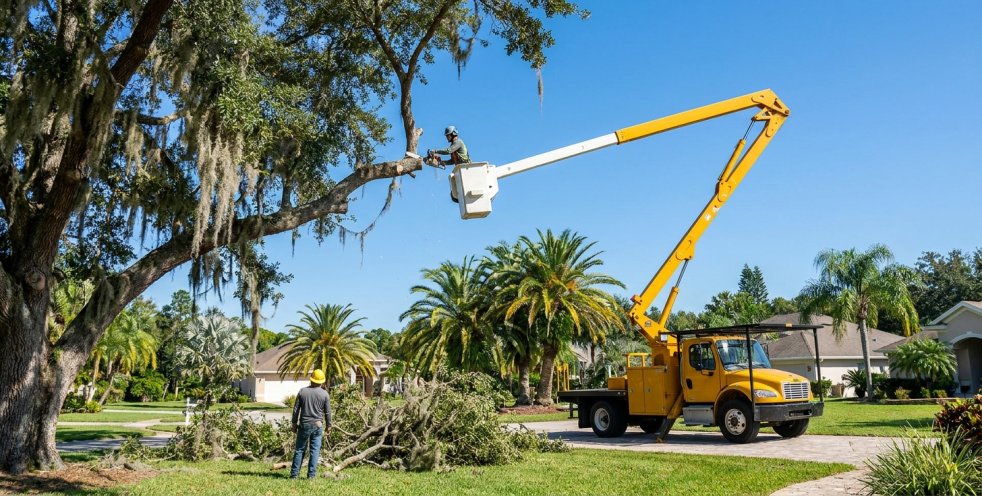 Arborist trimming a tree from a crane lift in a Florida neighborhood